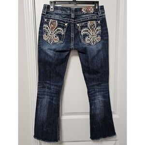 MISS ME Jeans Women's 29 (29x26.5) Signature Boot Low-Rise Embellished Raw Hem
